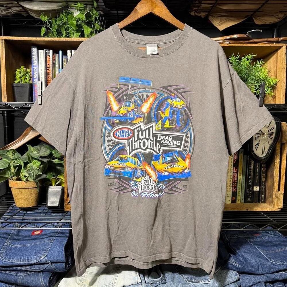 Vintage Y2K NHRA Drag Racing Tee Gray Blue NASCAR Style Shirt Mens XL